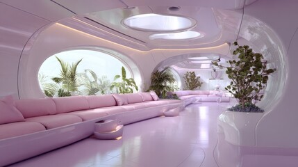 Futuristic hallway with long sofa, plants, and glossy white surfaces in soft pink light