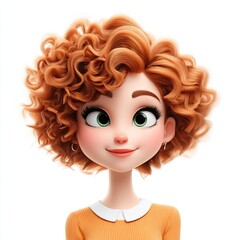 Charming 3D Avatar A Young Woman with Vibrant Red Curly Hair and a Sweet, Upbeat Expression