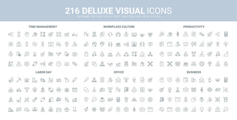 Business process and communication in office, at workplace, time management line icon set. Productivity tools and solutions, labor day and worker safety thin black outline symbols vector illustration