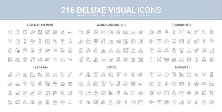 Business process and communication in office, at workplace, time management line icon set. Productivity tools and solutions, labor day and worker safety thin black outline symbols vector illustration