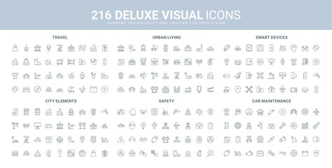 Travel, personal safety protection, car service line icon set. Video and audio device remote control in smart home, urban infrastructure and buildings thin black outline symbols vector illustration