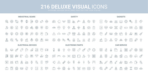 Parts of electrical appliances, circuits and gadgets, gears of process in industry line icon set. Devices and safety tools of electrician and worker thin black outline symbols vector illustration