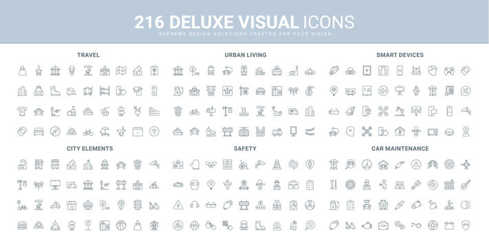 Travel, personal safety protection, car service line icon set. Video and audio device remote control in smart home, urban infrastructure and buildings thin black outline symbols vector illustration