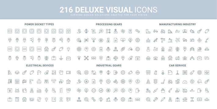 Manufacturing and car service, industry, plug and socket types, gears for industrial and business process line icon set. Garage for equipment repair thin black outline symbols vector illustration