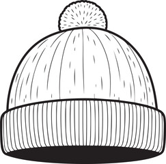 A detailed line art illustration showcases a classic winter beanie hat. 