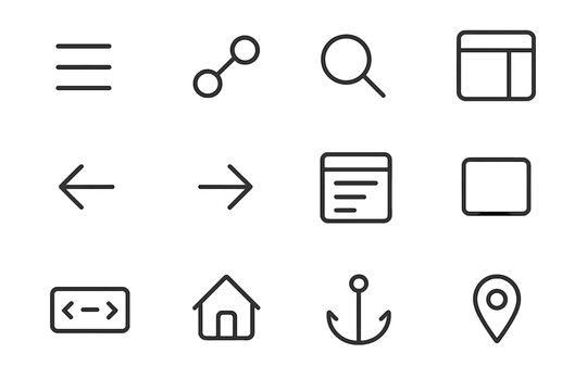 Navigation Icon Set. Outline icon set of navigation design: hamburger menu, breadcrumb trail, search icon,