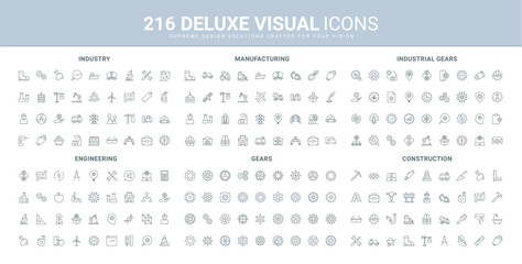 Gear system, manufacturing and engineering productivity, operation line icon set. Modification of industrial process to automate production, construction thin black outline symbols vector illustration