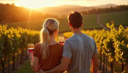 Couple enjoys wine tasting in vineyard at sunset. Lovers hold glasses, gaze over grapevines bathed in golden evening light. Romantic outdoor scene suggests togetherness and idyllic vacation.
