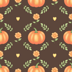 Autumn Seamless Pattern with Light Green Pumpkins, Green Leaves, Orange Flowers and Hearts on Brown Background 