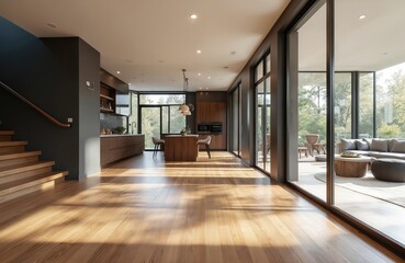 Modern open-plan home interior with natural light flooding through large windows. Features stylish kitchen with wooden cabinetry, central island, contemporary living area. Hardwood floors, minimalist