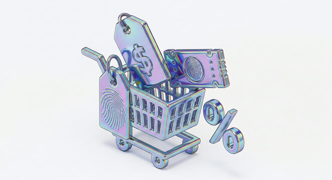 Iridescent shopping cart with dollar sign tag fingerprint tag and percentage sign on white background