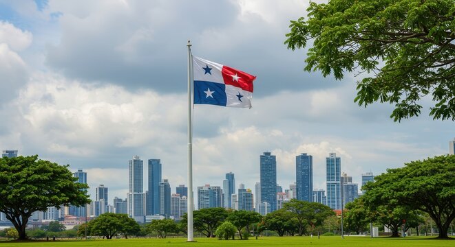 Panama National Flag Waving with Panama City Skyline in Background – Modern Patriotic Scene