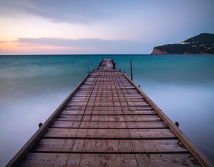 Fototapeta premium Wooden pier on the sea. Long exposure photo. Budva, Montenegro