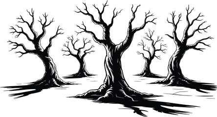 Spooky Bare Trees Clipart, Haunted Forest Silhouette Vector Design.