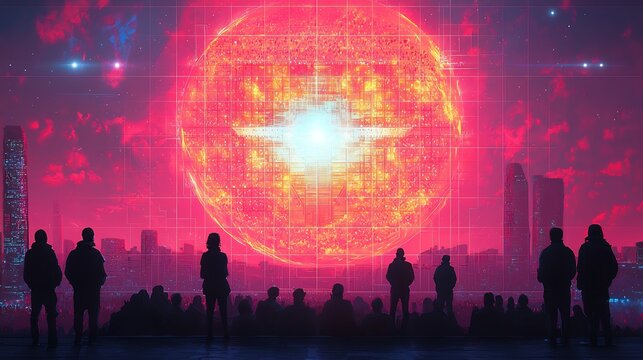 Futuristic cityscape with giant sun digital art for sci fi fans and fantasy art enthusiasts online now