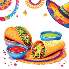 Vsai mexican food with tacos, burrito, guacamole and salsa celebrating cinco de mayo