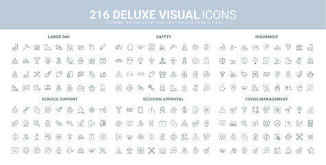 Crisis management, life and business insurance, decision approval, labor safety line icon set. Investment protection strategy, support maintenance service thin black outline symbol vector illustration