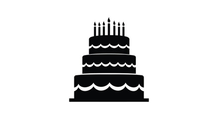 A black silhouette of a four tier birthday cake with white icing details and candles