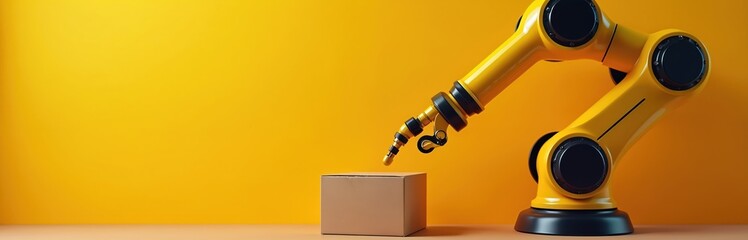 Yellow robotic arm gestures towards cardboard box. Automation technology in logistics and manufacturing. AI driven cybernetic machine in warehouse assembly line, production process, innovation.