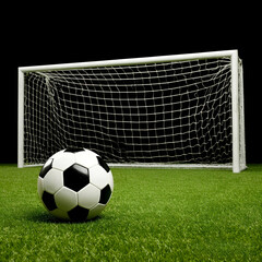 Soccer ball and goal on green grass