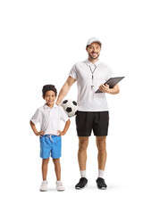 Full length portrait of a football coach and kid in blue shorts and white t-shirt posing together