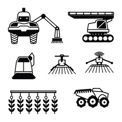 Collection of black and white icons representing agricultural machinery and farming technology