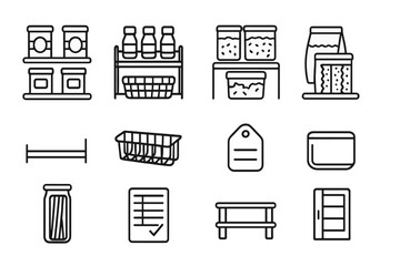 Pantry Organization Icons. Outline vector icons of organizing pantry shelves: canned goods, spice rack, dry