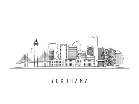 Detailed Yokohama skyline vector illustration. Yokohama buildings in line art style, perfect for modern designs.