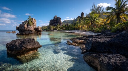 Idyllic tropical beach with rock formations and crystal-clear shallow water