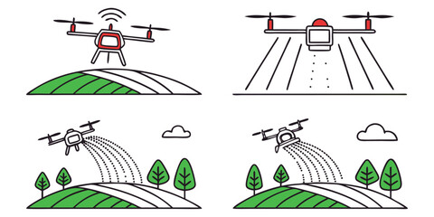 Four illustrations of drones in agricultural settings spraying crops and surveying fields agriculture
