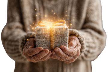Elderly hands gently holding a glowing gift box with magical sparkles, symbolizing warmth and surprise isolated on transparent background