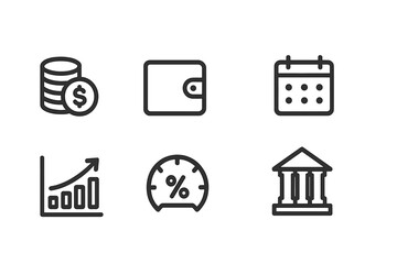 Financial icons for business and economy concepts with coins, wallet, calendar, graph, and bank