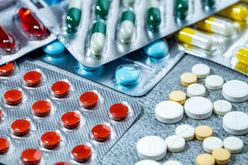 Variety of medicines and drugs.Medicine and healthcare concept.Variety of medicines and drugs.Medicine and healthcare concept.Pill for the prescription and treatment various diseases chemistry
