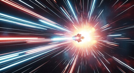 A Starship's Explosive Jump to Lightspeed with Radiant Blue and Red Streaks