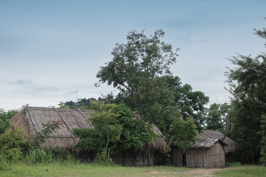 Traditional Mizo village with huts made of wood and bamboo and greenery surrounding the area. Mizoram, NE India