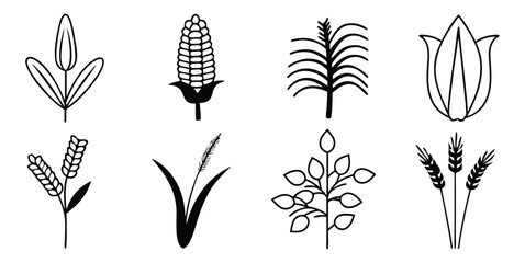 Collection of eight simplified black and white line art icons representing different agricultural crops and plants
