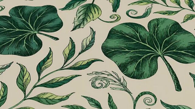 Green leaves  tendrils pattern on beige background with detailed venation