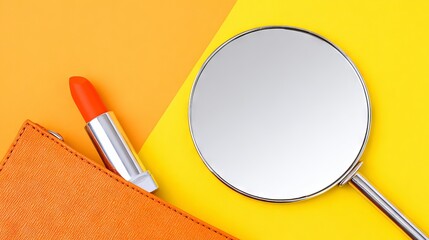 Vibrant orange lipstick and round mirror placed on bright yellow and orange background, showcasing beauty essentials with a modern aesthetic and playful color contrast