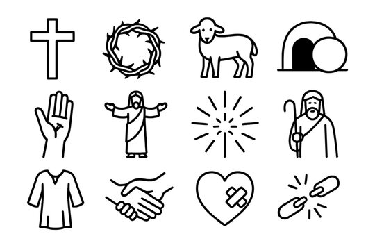 Redemption Icons Grid. Outline icon set of biblical themes of redemption: crucifixion cross, crown of thorns,