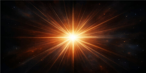 Bright explosion of the sun with glowing light rays and stars in abstract space background