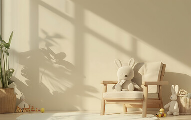 A cozy, sunlit room with a wooden chair, a stuffed rabbit, and plant shadows.
