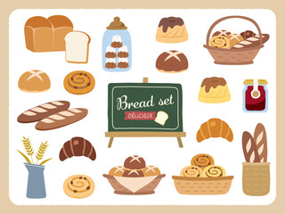 パンのイラストアイコンセット /食パン,クロワッサン,バゲット,フランスパンなど