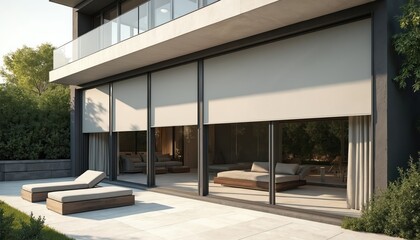 Modern house exterior features neutral roller blinds covering large windows. Blinds offer privacy and enhance architectural style. Sunlight filters through, casting gentle shadows on the clean facade.