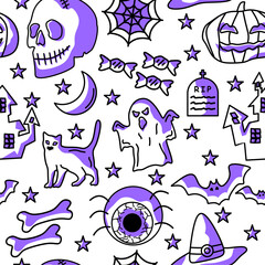 Seamless Halloween pattern with spooky icons like skulls, ghosts, pumpkins, cats, and bats in purple tones