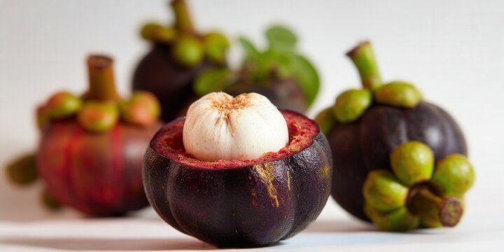 Close-up of fresh mangosteen fruit, one cut open, revealing the white pulp, against a white backdrop.