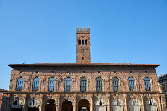Podesta Palace and Arengo tower in Maggiore Square in Bologna.