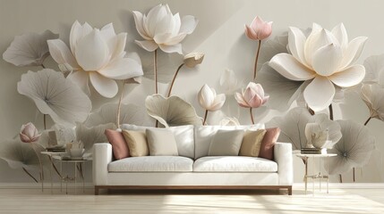 Living room Sofa in front of flowers on a wall in a bright room