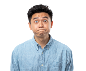 Confused young man expressing uncertainty or surprise in casual attire. Cut out PNG