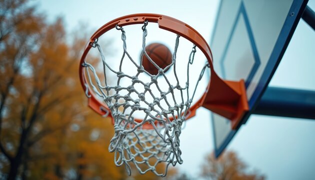 Basketball hoop viewed from below with ball entering net. Captures sports competition and athletic achievement. Outdoor court setting with autumn trees visible. Focus on goal, scoring, and success. - Powered by Adobe