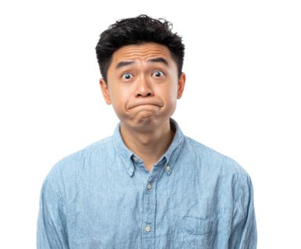 Confused young man expressing uncertainty or surprise in casual attire. Cut out PNG - Powered by Adobe